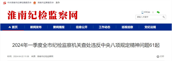 2024年一季度全市紀(jì)檢監(jiān)察機(jī)關(guān)查處違反中央八項規(guī)定精神問題61起