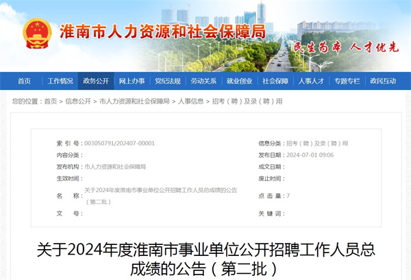 關于2024年度淮南市事業單位公開招聘工作人員總成績的公告（第二批）